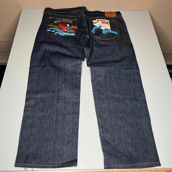 Evisu Heritage Painted Sky Fuji-Yama Jeans Embroidered Raw Denim 44 NWT - Picture 9 of 14